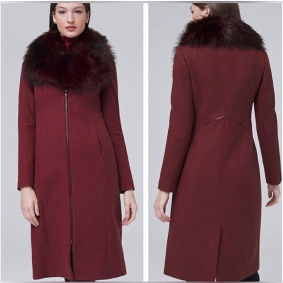 WHITE HOUSE BLACK MARKET Burgundy Coat w/ zipper and removable fur collar NWOT - Picture 1 of 10